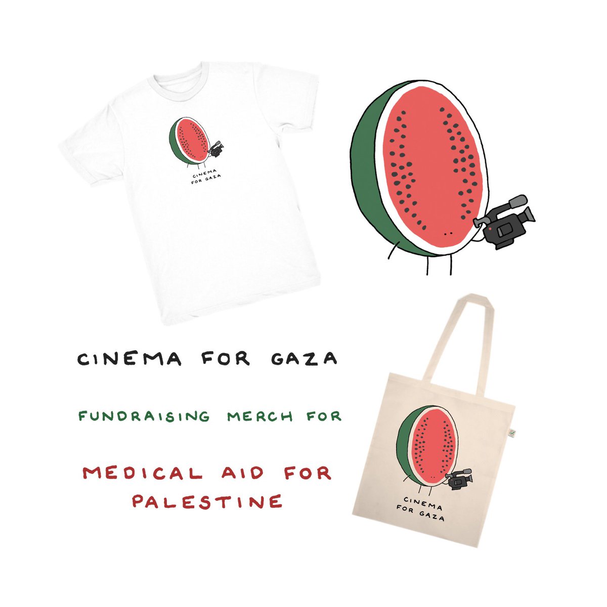 The team behind @Cinema4Gaza have launched a line of t-shirts and tote bags, designed by @henryjgarrett, in order to continue raising funds for essential medical aid in Gaza. Purchase here: weareprintsocial.com/campaigns/cine…