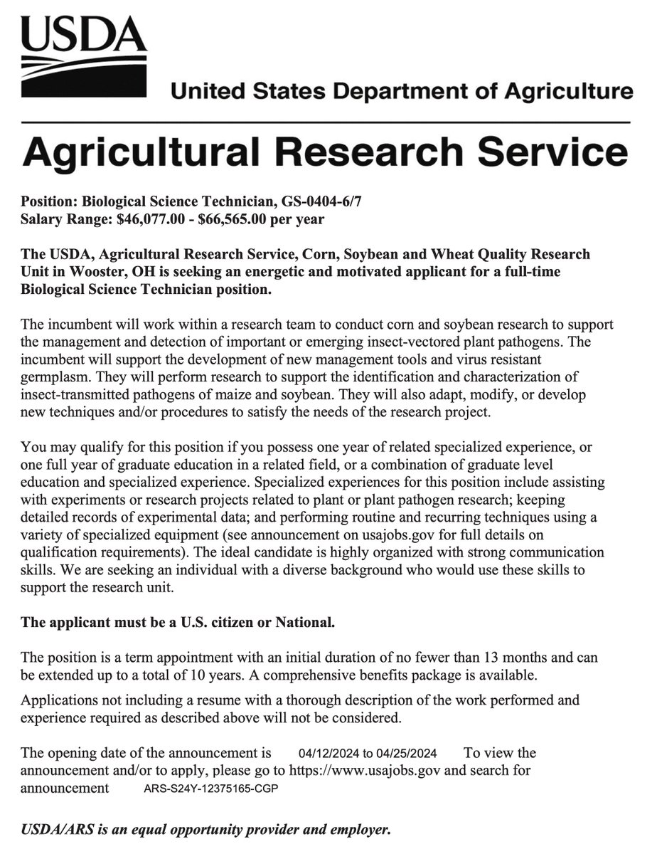 Please RT - we are hiring a technician! Come join our team in Wooster, Ohio to assist in stakeholder-driven research related to seed health and virus disease management! 🌽 Bachelor's + 1 year exp or Master's required. Deadline is April 25th. Apply here: usajobs.gov/job/785957900