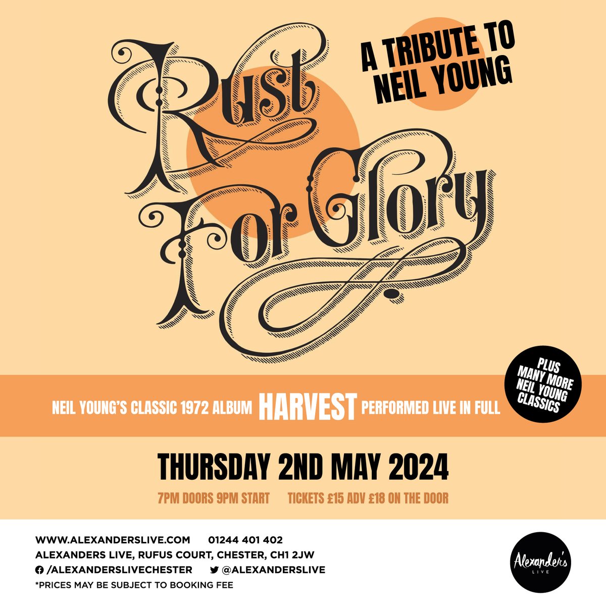 Rust For Glory Tribute to NEIL YOUNG, playing the 1972 album Harvest in full + many more classics! Get your tickets now - alexanderslive.seetickets.com #neilyoung @welovegoodtimes @ShitChester @SkintChester @chesterdotcom @chestertweetsuk @Dee1063
