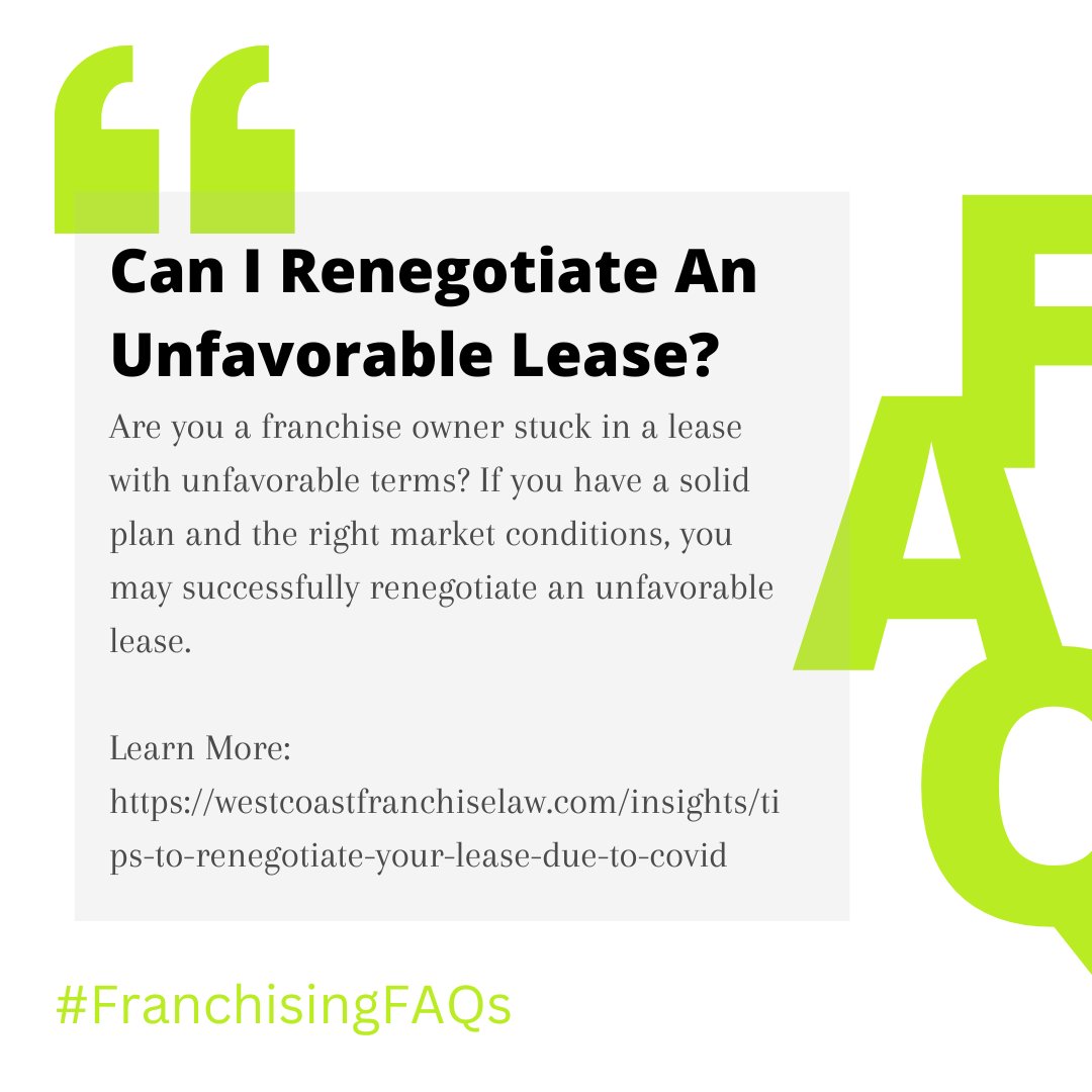 WestCoastFranch's tweet photo. Franchising FAQ: Can I Renegotiate An Unfavorable Lease?https://t.co/7yLWICugqg

📞Do you have questions about franchising?
Contact Franchise Attorney Nate Riordan today nate@westcoastfranchiselaw.com or 206-903-0401 https://t.co/Z9dDpBvUgJ