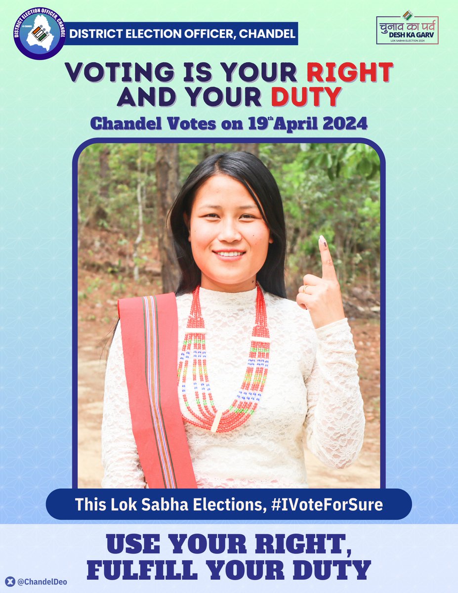 LSE 2024 Poster Highlights by Young Voters of Chandel District in traditional / customary attire "Empowering Tradition, Amplifying Voices: Chandel's Youth will Speak Through Their Votes on 19th April 2024"
<a href="/ECISVEEP/">Election Commission of India</a> <a href="/CeoManipur/">The CEO Manipur</a> <a href="/SpokespersonECI/">Spokesperson ECI</a> #LokSabhaElection2024