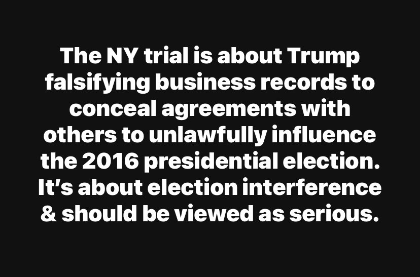 This trial isn’t about Trump raw dogging a pornstar & paying hush money to cover up. He’s an adulterous cheater, but that’s between him & Melania. This trial is about ELECTION INTERFERENCE, a serious crime. He falsified business records & covered up to influence the election. 😡