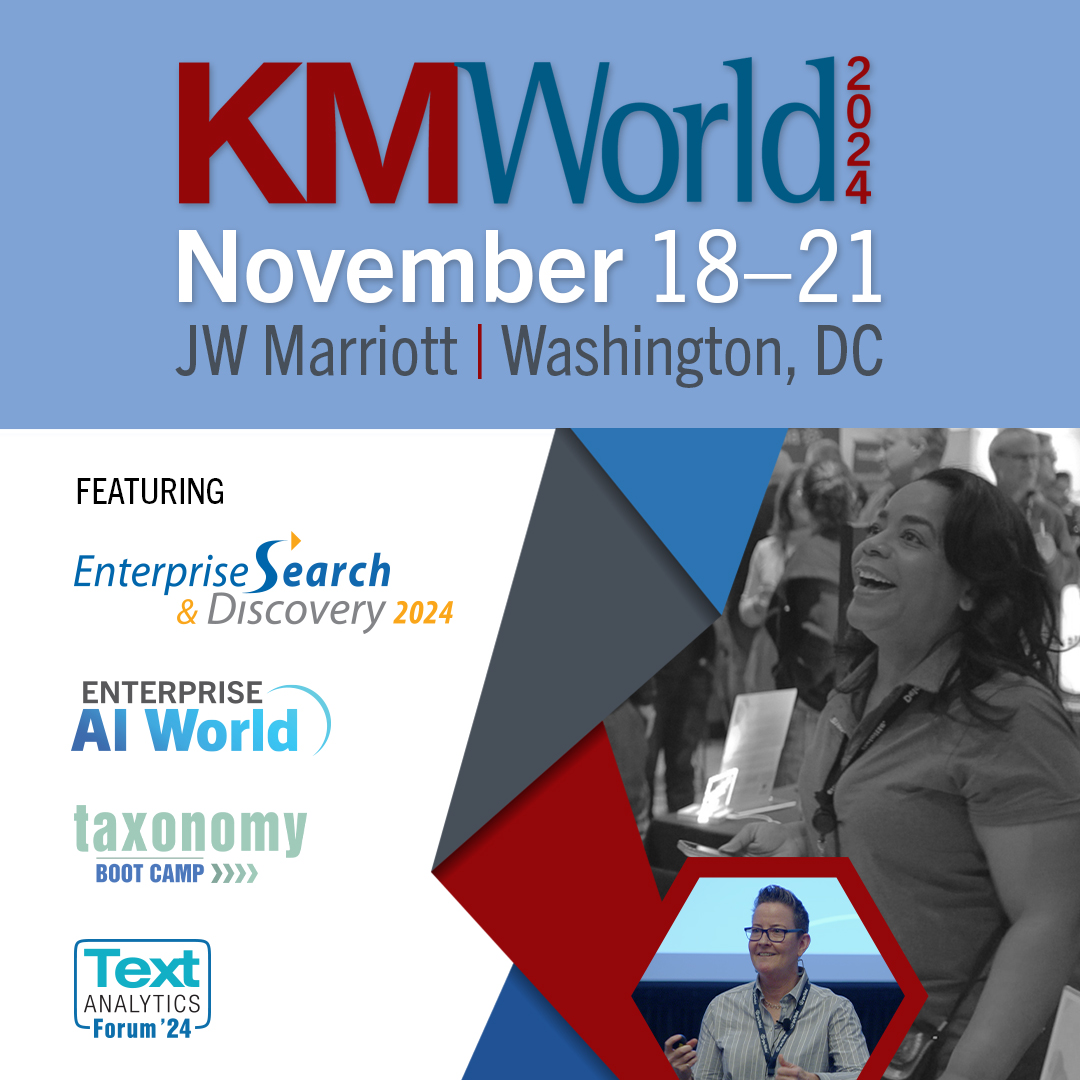 Ready to explore the future of knowledge management? Join us at #KMWorld 2024 for insights, strategies, and innovations that will shape the way we manage information. Register before Oct. 18th for Early Bird Pricing, use code KMW2024! secure.infotoday.com/RegForms/KMWor…