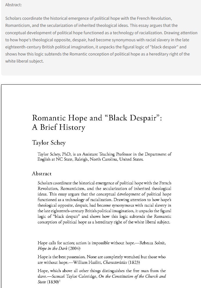 A bunch of great flash essays in part 2 of the new ECF special issue, including: Romantic Hope and 'Black Despair': A Brief History, by Taylor Schey muse.jhu.edu/pub/50/article… ECF 36.2, April 2024, pp. 293-297 #18thCentury