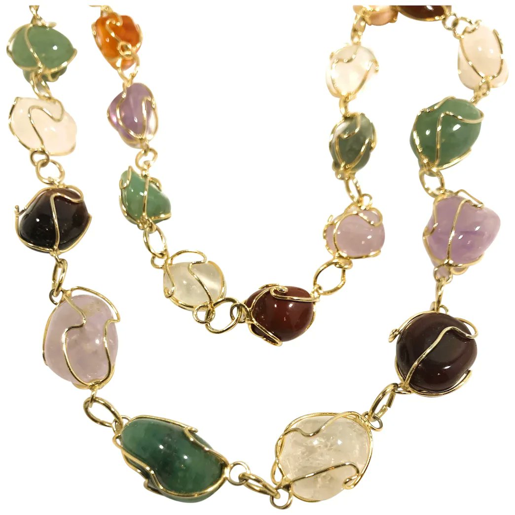 Caged Genuine Polished Stones Drop Goldtone Metal Necklace #rubylane #vintage #retro #necklace #beads #vintagejewelry #giftideas #jewelryaddict #vintagebeginshere #mothersday2024 #fashionista #diva #glam rubylane.com/item/136230-E1…