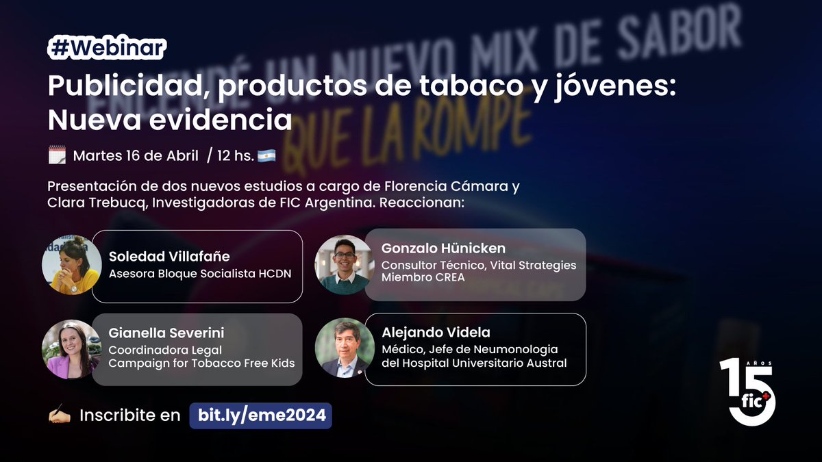 #MAÑANA 12hs 🇦🇷🚭 Conocé dos nuevas investigaciones sobre marketing y consumo de tabaco en el Webinar: 'Control de tabaco en Argentina: nueva evidencia para la promoción de políticas públicas” 👀Inscribite en bit.ly/eme2024 🔗