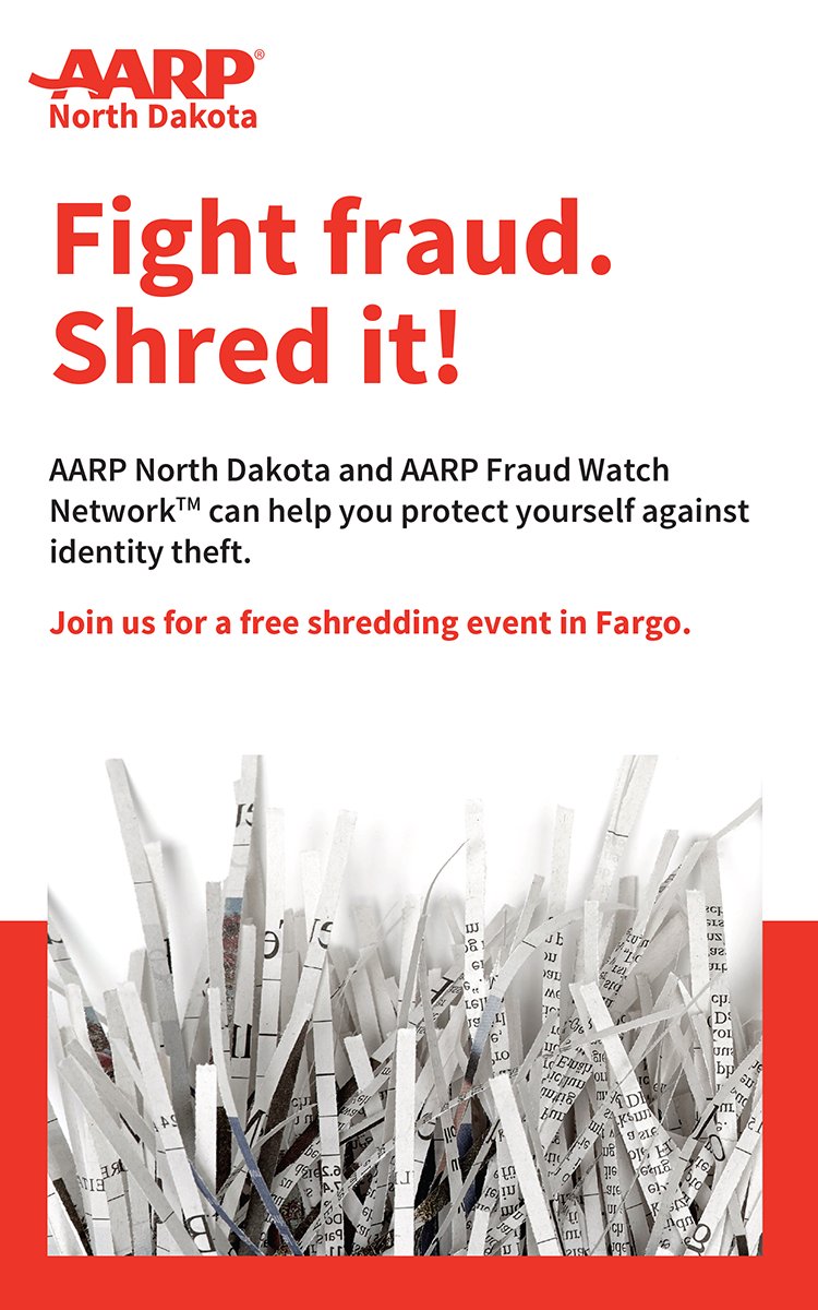 Register today and reserve your spot for @AARP_ND  annual, drive-up shredding event in Fargo.

Saturday, April 20th, 8:30am-noon
@fargodome  1800 N. Univ. Dr. Fargo

To register:  events.aarp.org/Fargo4-20-24

#shredevent #recycle #recycling