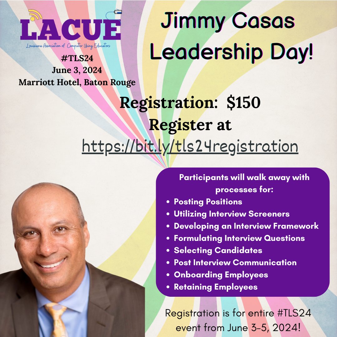 Don't miss this great day of leadership sessions with @casas_jimmy, author of Culturize and Recalibrate! First day of #TLS24 on June 3, 2024! bit.ly/tls24registrat…