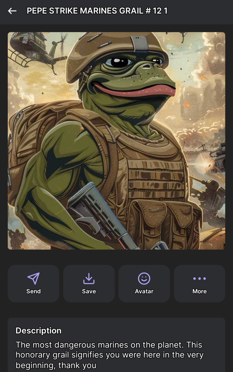 TheKerbsNFT's tweet photo. THE PEPE STRIKE MARINES ARE MINTING LATER TODAY

333 MARINES = .1 A PEICE

JOIN OUR TG FOR MORE INFO

https://t.co/hIUNpfmg7L https://t.co/A1YQpEDLhR