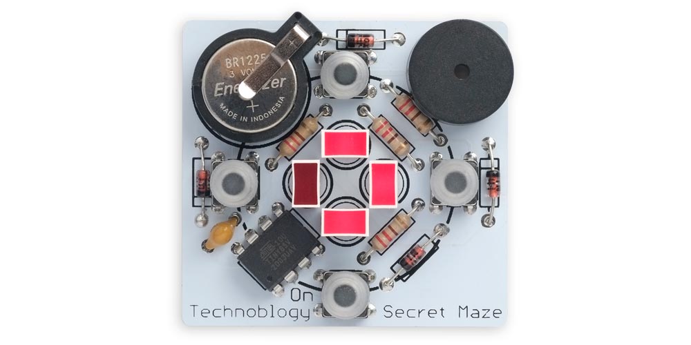 This is a new version of my ATtiny85-based Secret Maze game, which you have to solve by navigating a maze with four push buttons: technoblogy.com/show?4NRC