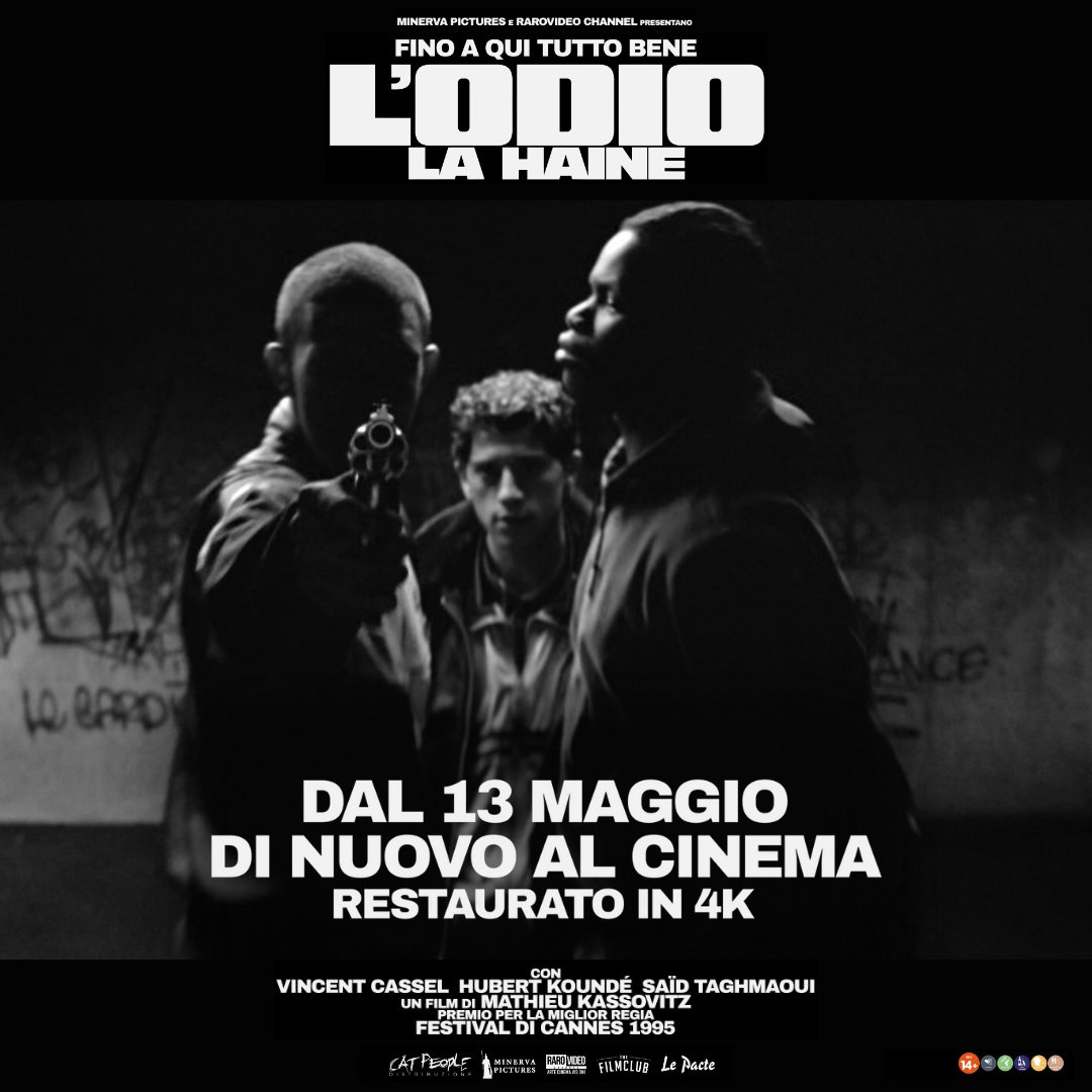 MinervaPictures's tweet photo. "L'odio" (1995) di Mathieu Kassovitz, con Vincent Cassel, Hubert Koundé e Saïd Taghmaoui, ritorna in sala dal 13 maggio in un'esclusiva versione restaurata in 4K!
Un’iniziativa targata Minerva Pictures e Rarovideo Channel, in collaborazione con @catpeoplefilm.
#lahaine #lodio https://t.co/pkQhwTrfGe