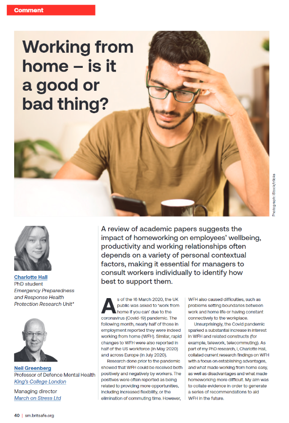 New opinion piece from myself and @ProfNGreenberg on pros/cons of working from home and recommendations for future practice, now available online with @BritSafe: britsafe.org/safety-managem… @EPR_HPRU #PhD #WorkFromHome