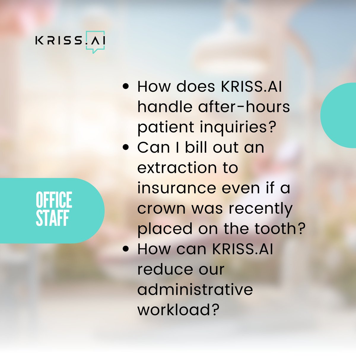 Discover the power of KRISS.AI for your dental practice! Enjoy smooth communication and improved dental care for everyone, from dentists to office staff and patients! ✨🦷

#KrissAI #DentalCare #Healthcare #Technology #dentalInnovation #chatbotAi #dentalchatbot