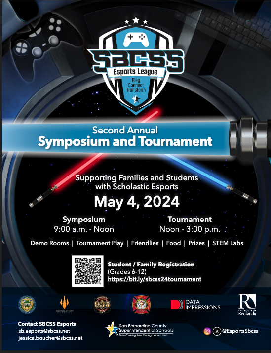 We are just weeks away from the 2nd Annual Esports Symposium and Tournament! Register your students today by scanning the QR code below or at bit.ly/sbcss24tournam…. We can't wait to see you all there!