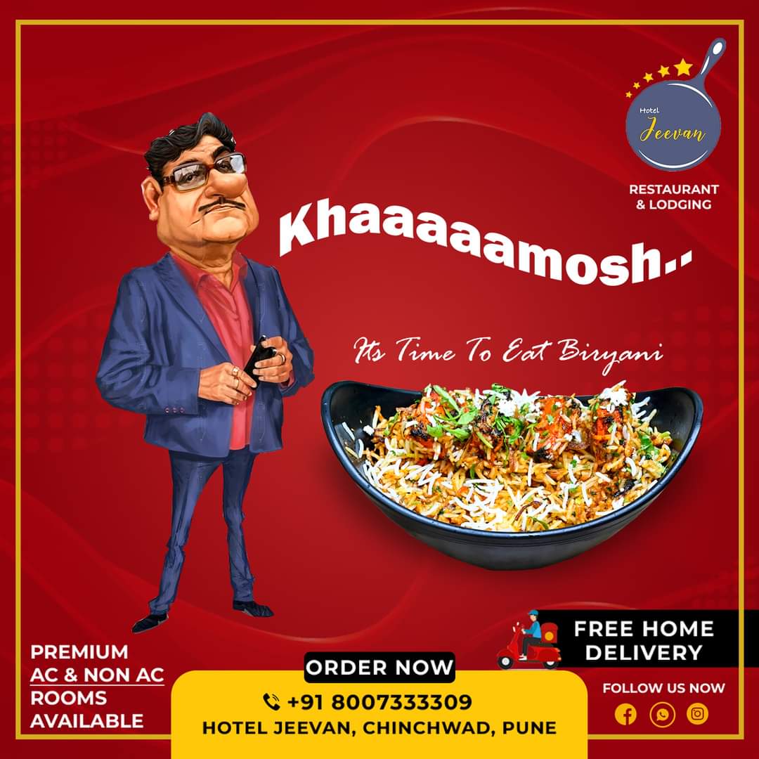 Khaaamosh – Its Time To Eat Biryani 😋 a must-visit Hotel Jeevan 🎯Family Restaurant, Ac/Non-Ac Rooms #hoteljeevan #biryani #biryanilove #foodielife #foodlovers #PCMCEatOuts #fooddelivery #facebookpost #punekar #Chinchwad #pcmc #pune