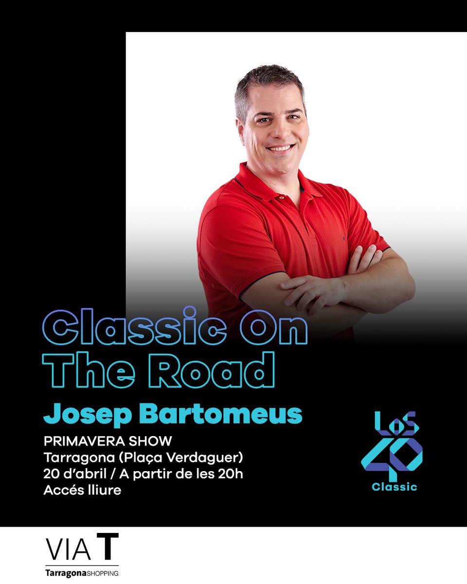 Dissabte ELS40 Classic On The Road fa parada a #Tarragona amb el <a href="/JosepBartomeus/">Josep Bartomeus</a> 🕺

🪩 A partir de les 20h, t’esperen a la plaça Verdaguer per gaudir del Primavera Show de <a href="/laviattarragona/">La Via T - Tarragona Shopping</a> 

Accés lliure🥳