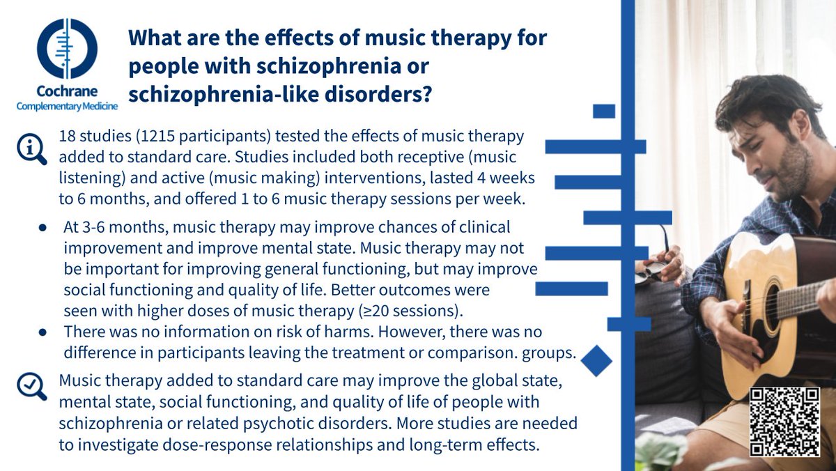 What are the effects of 🎶 #musictherapy for people with 📷 #schizophrenia or schizophrenia‐like disorders? Get the current #healthevidence picture in this @CochraneCollab #systematicreview: cochranelibrary.com/cdsr/doi/10.10… @Cochrane_US @CochraneLibrary #OccupationalTherapyMonth