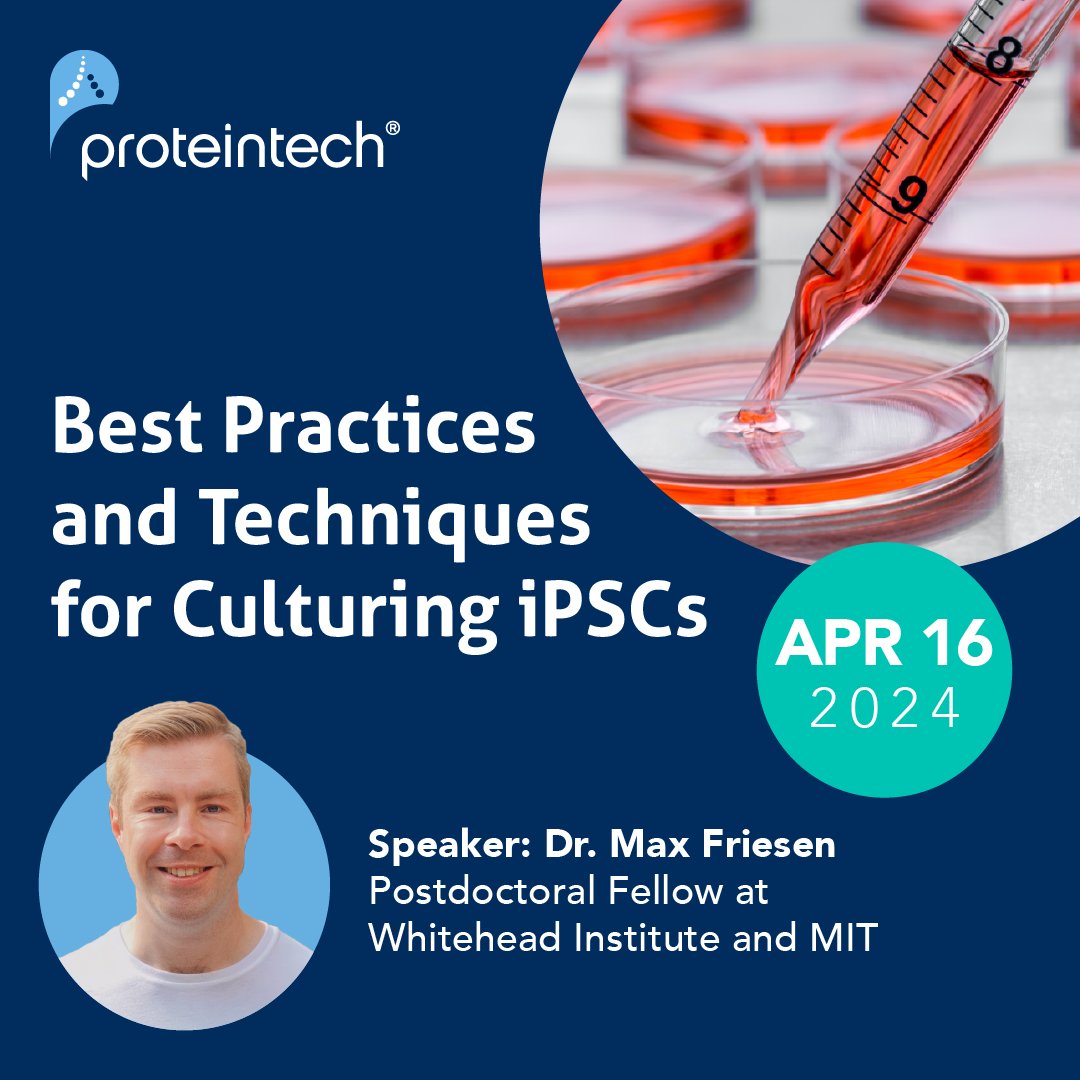 Last chance to register! If you're looking for expert level tips on culturing iPSCs, join our webinar on April 16th with Dr. Max Friesen, Postdoctoral Fellow at Whitehead Institute and MIT. Register for free: ow.ly/yqVG50RglnA #proteintechevents #phdchat #phdlife