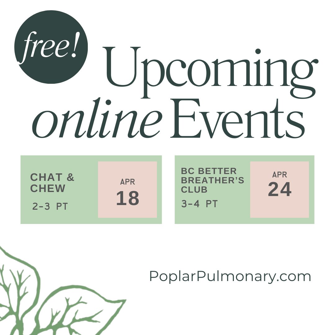 🎉 Exciting events alert! Join us at Poplar Pulmonary Wellness for TWO free online gatherings:
1️⃣ Chat & Chew on March 18th 🍽️
2️⃣ Better Breathers Club on April 24th 💪🌿
Connect, learn, and empower! RSVP now. #PoplarPulmonary #OnlineEvents #LungHealth l8r.it/LWj8