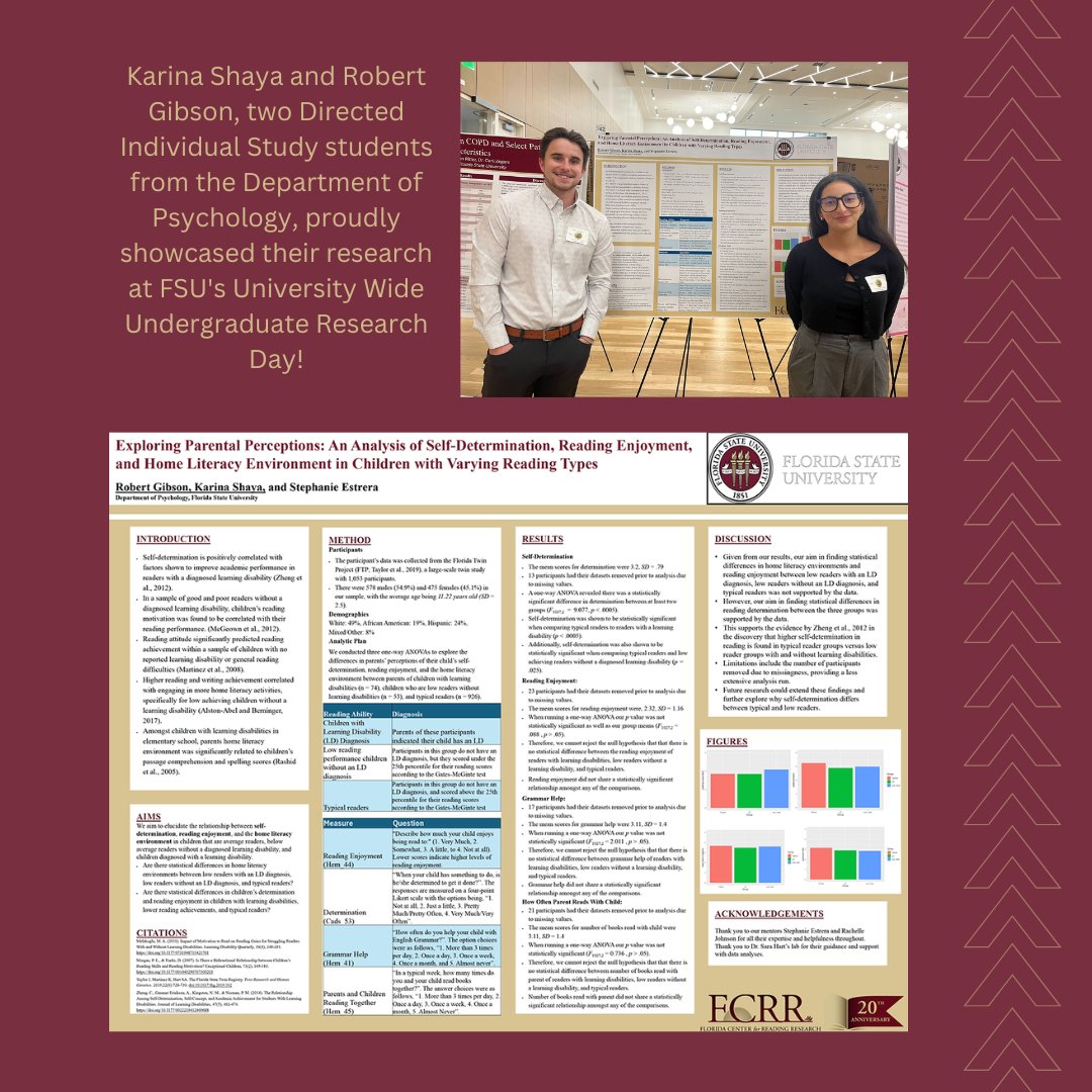 TheFCRR's tweet photo. Karina Shaya and Robert Gibson, two Directed Individual Study students from the Department of Psychology, proudly showcase their research during FSU's University Wide Undergraduate Research Day! https://t.co/ljiDOgUoeV
