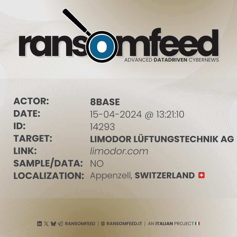 𝗔𝗰𝘁𝗼𝗿: #8base 𝗩𝗶𝗰𝘁𝗶𝗺: Limodor AG | limodor.com 𝗖𝗼𝘂𝗻𝘁𝗿𝘆: Switzerland 🇨🇭 𝗦𝗮𝗺𝗽𝗹𝗲: no 🔗 ransomfeed.it/index.php?page… #ransomfeed #ransomware #security #infosec