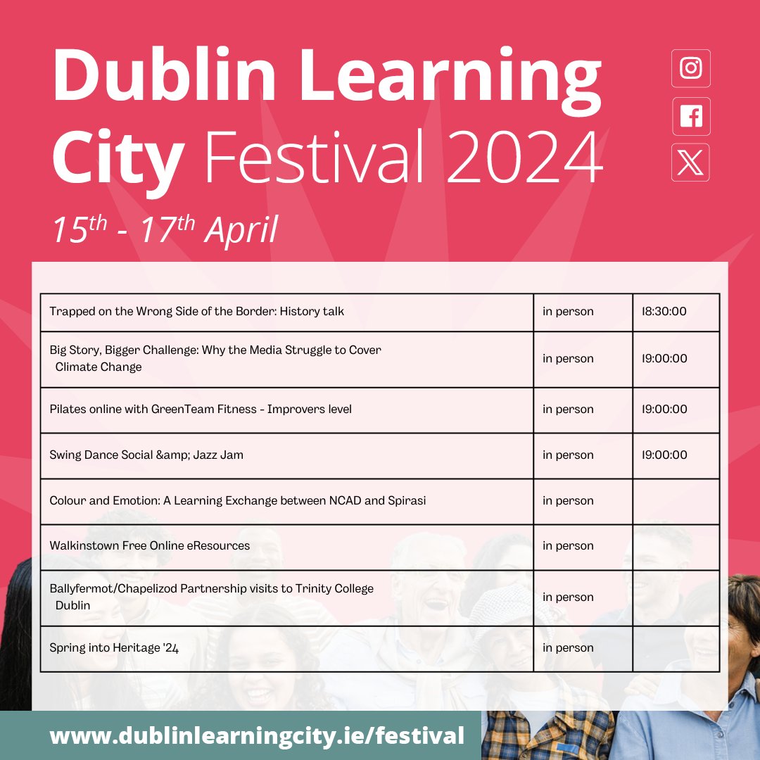 DubLearningCity's tweet photo. Check out all our events for today, Monday 15 April! #DLCFestival2024 #FÉILECFBÁC2024 #MyLearningCity #DublinLearningCity #DublinMyLearningCity #LifeLongLearning #Festival #DublinisLearning #LearningForWork #LearningForLife #LearningForFun #ForEveryOne #Community https://t.co/iKk09Yxrr3