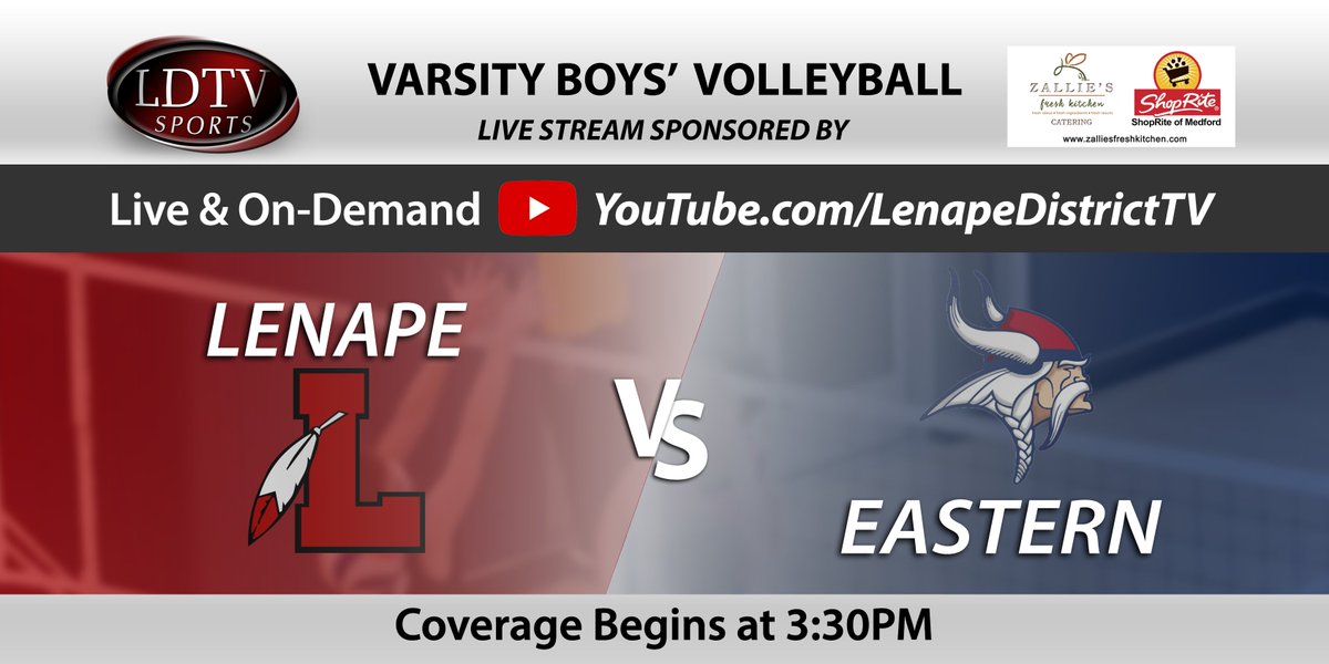 Watch today’s @LenapeAthletics vs. @easternviking boys' volleyball match LIVE on YouTube! Brought to you by our friends @ZallieMarkets youtube.com/watch?v=vBPjBW…