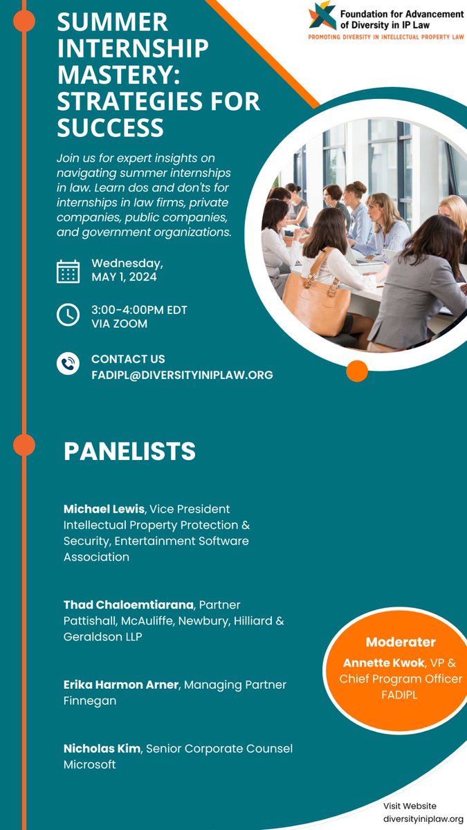 iplawfoundation's tweet photo. Register Now: https://t.co/EPgBoDHU0t 

Join us for professional insights on how to navigate through summer internships in the field of law. Gain valuable knowledge on the do's and don'ts when interning at law firms, private and public companies, and government entities.
#IPLaw https://t.co/ftd0EtdYkp