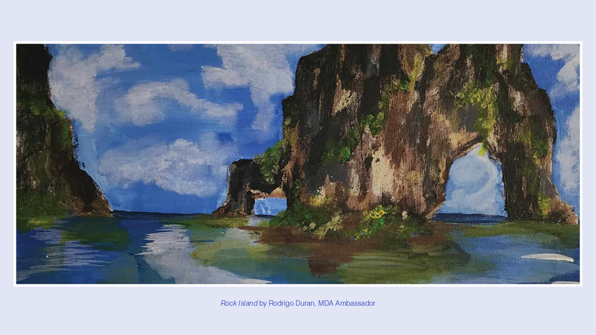 MDAorg's tweet photo. #MDA Ambassador Rodrigo Duran, who lives with congenital #MuscularDystrophy (#CMD) and epilepsy, is the @PracticalNeuro Cover Artist featuring his work: Rock Island. Check out his beautiful work here as we celebrate #WorldArtDay! https://t.co/joJIxKAcjs https://t.co/ccOuRaoGBT