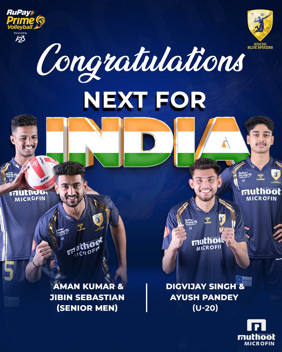 Congratulations to our boys! 
Aman and Jibin (senior men), Digvijay, and Ayush (men, U-20) for making it to the national volleyball team. 
Wishing all the best for your next stop—National Glory!

#KochiBlueSpikers #KochiKaraney #KBS #MuthootBlue #NationalVolleyballTeam