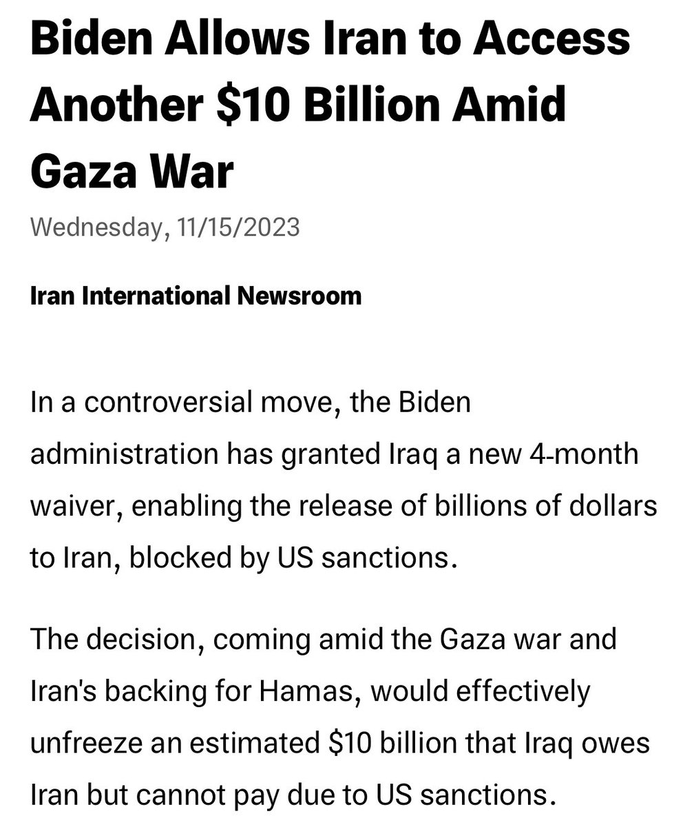 Biden administration stresses that they do not want Israel to escalate the war in the Middle East. Why did they not say that to Iran? Iran sends over 300 drones and missiles at Israel, and that’s NOT escalating the war? Why did Biden unfreeze $10B in cash to Iran? Something paid