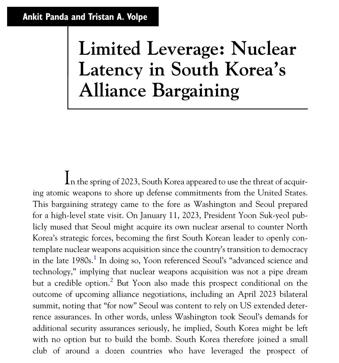 My latest, co-written w/ @TeeAndersVolpe, in @TWQgw: We examine the magnitude of South Korea’s nuclear latency and leverage over the United States, and offer recommendations for how the US should think about managing allied proliferation risks twq.elliott.gwu.edu/files/2024/04/…