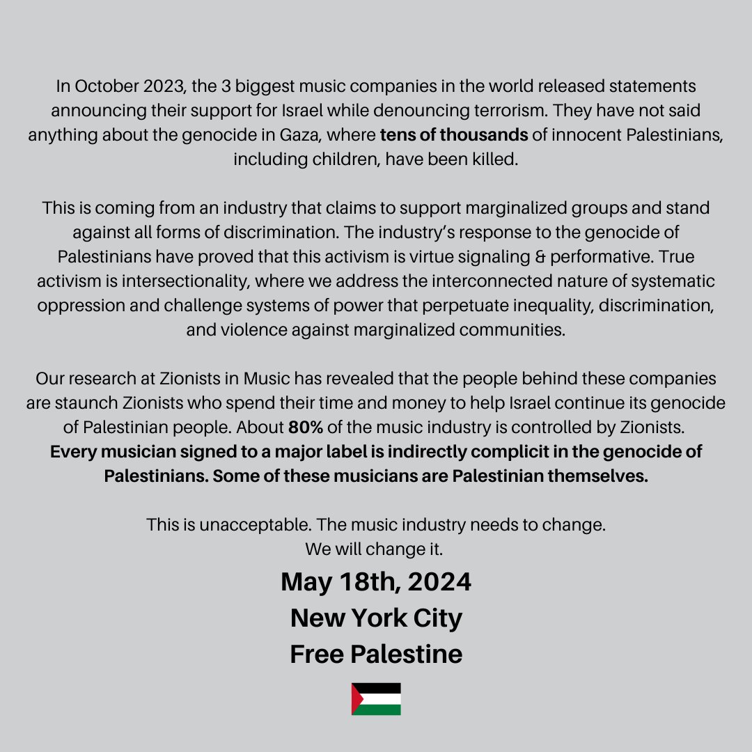 ZIONISTS OUT OF MUSIC PROTEST: May 18th, New York City. More information to come.