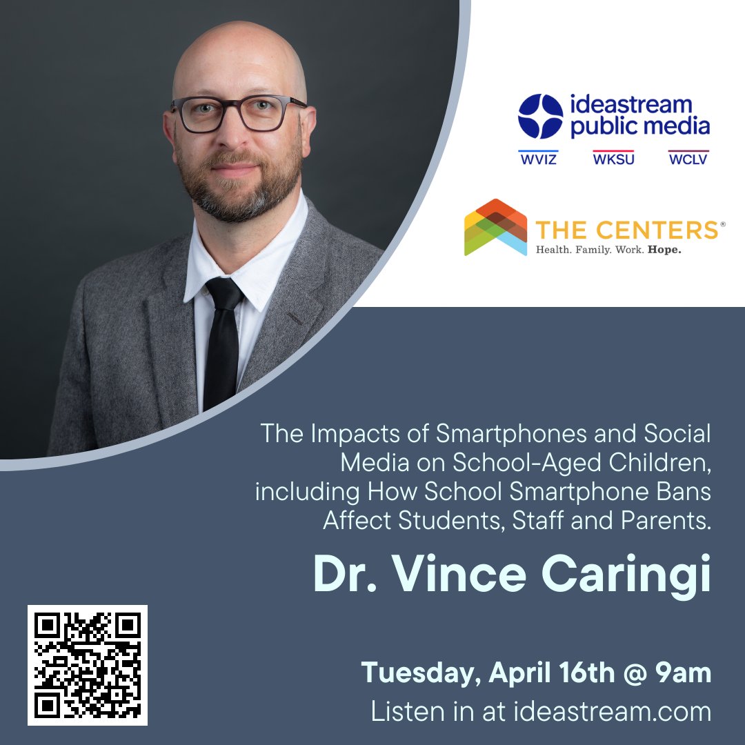 At the CENTER of The Centers is our expert staff! Listen tomorrow at 9am to our CMO, @vcaringi, talk about The Impacts of Smartphones & Social Media on School-Aged Children, including how smartphone bans are affecting students, staff, and parents! Listen: ideastream.com