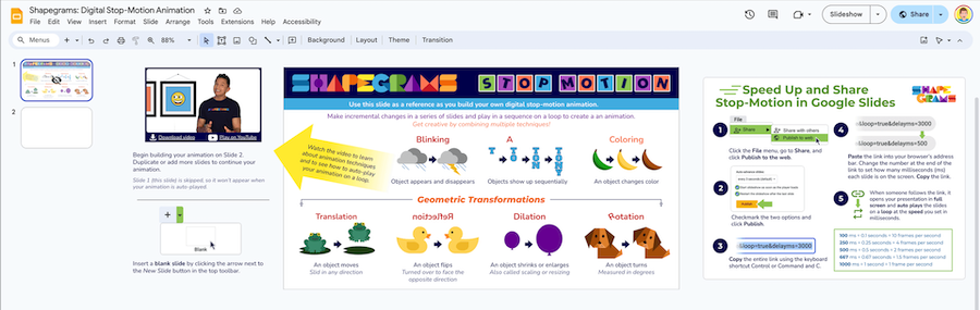 The video in the  Stop Motion Lesson demonstrates 7 digital animation techniques. Students build animations in their own copies of the Google Slides document, using Slide 1 as a reference. #TeacherTwitter #EdTech #GoogleEdu

shapegrams.com/the-stop-motio…