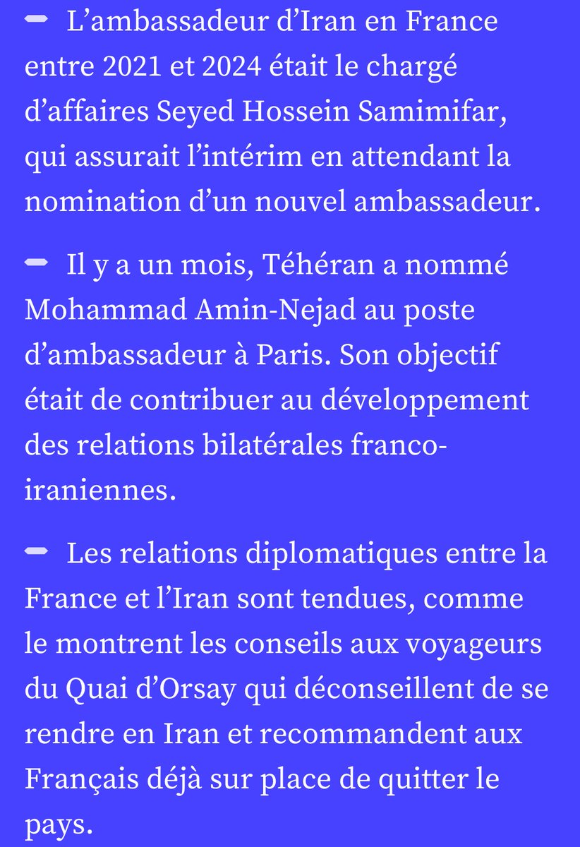 <a href="/steph_sejourne/">Stéphane Séjourné</a> Il n’y avait plus d’ambassadeur Iranien officiel en France depuis 2021. Cet ambassadeur a été nommé il y a moins d’un mois donc arrêtez de baratiner tout le monde svp et au pire on s’en fout.