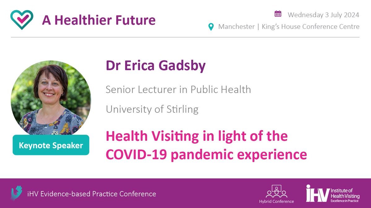 We are delighted that Dr Erica Gadsby will be joining us as a keynote speaker at our #iHVEBP2024 Conference on 3 July, with her session 'Health visiting in light of the COVID-19 pandemic experience'. Book your place today: buff.ly/48vbTV2 #HealthVisiting #HealthVisitor