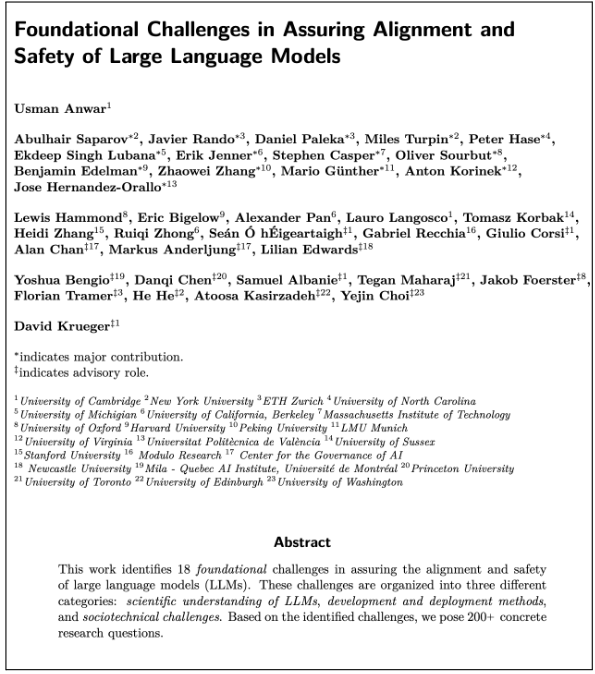 I’m super excited to release our 100+ page collaborative agenda - led by @usmananwar391 - on “Foundational Challenges In Assuring Alignment and Safety of LLMs” alongside 35+ co-authors from NLP, ML, and AI Safety communities! Some highlights below...