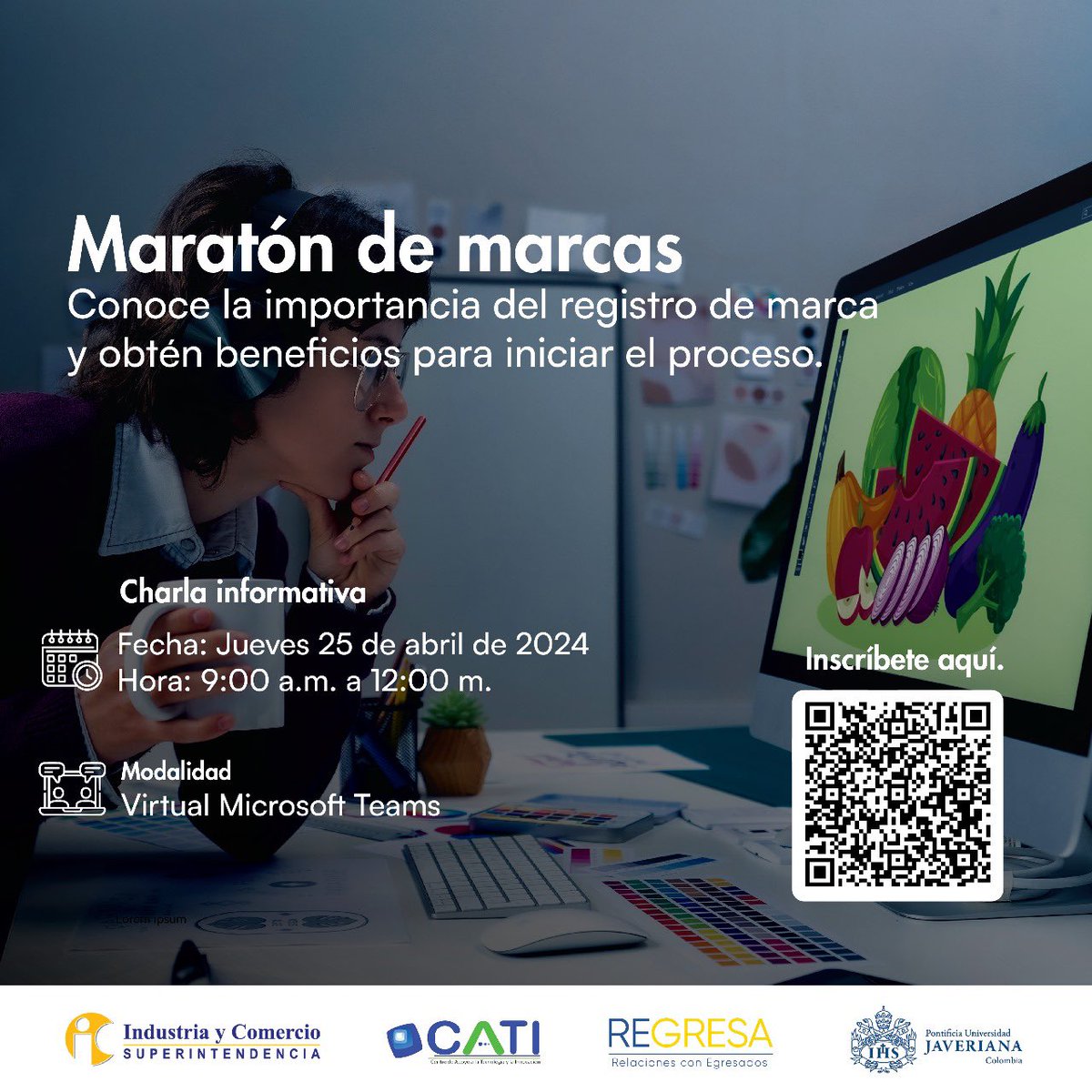 Comunidad Universitaria Javeriana! El Cati de la <a href="/UniJaveriana/">Pontificia Universidad Javeriana</a> te invita a una charla informativa sobre  lo que necesitas saber para hacer un registro de marca ante la <a href="/sicsuper/">Superintendencia de Industria y Comercio 🇨🇴</a> 

Modalidad virtual

🗓 Jueves 25 de abril.
⏰ De 9:00 a.m. a 12:00 p.m.

Inscríbete en el código QR
