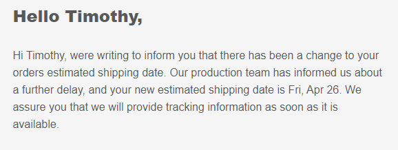 The printer's estimated shipping date for BEACON has been delayed until 4/26.