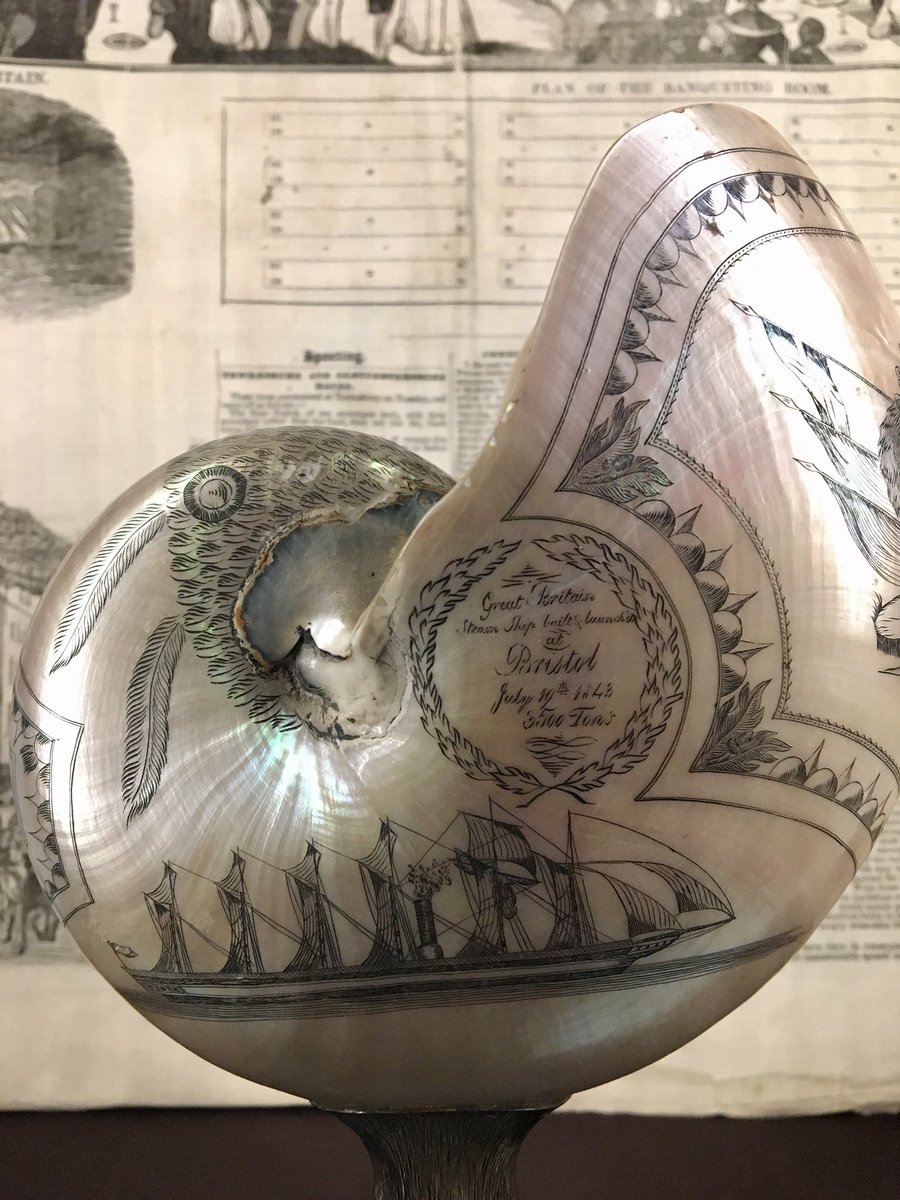 This delicate souvenir nautilus shell depicts, and is on display at @SSGreatBritain. #molluscmonday It was one of several engraved by Charles H. Wood, who worked in Liverpool in the 1840s. He used a small penknife to create his beautiful designs. My photo #Museums #shell