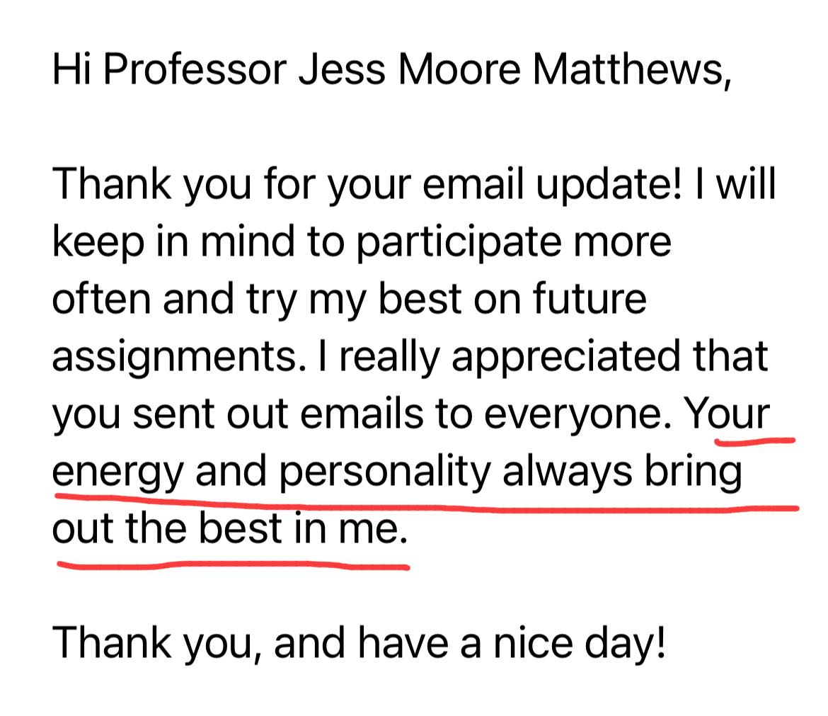 I love the work I’m doing lately and messages like this remind me how fortunate I am. Thank you to my student for allowing me to share! 🥰