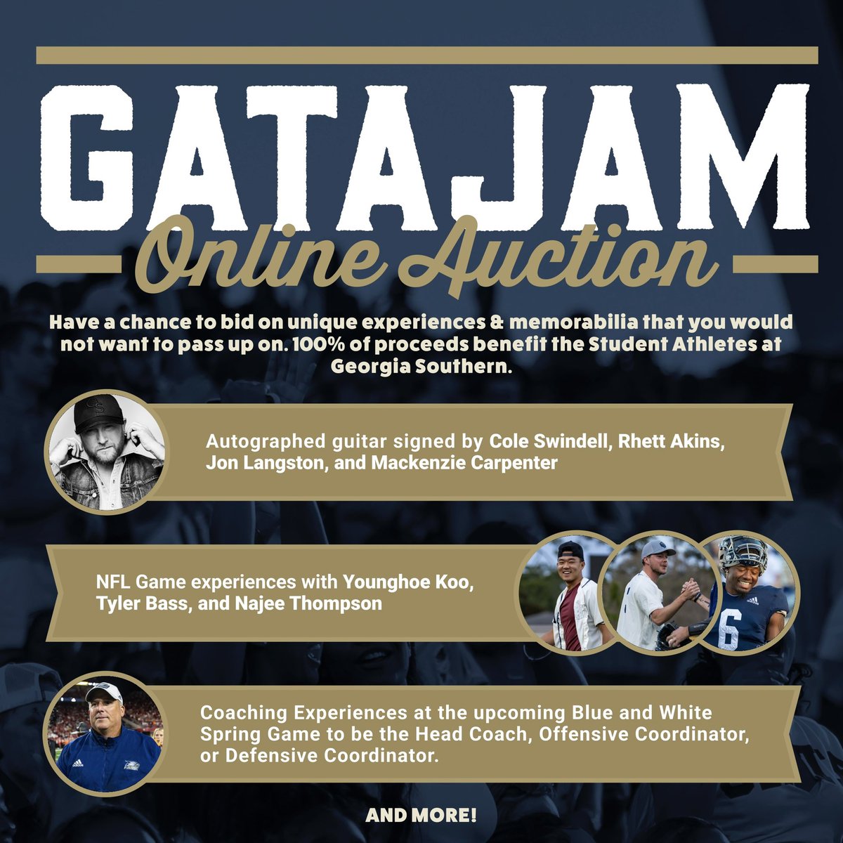 GATA Jam Online Auction 📢

Have a chance to bid on unique experiences &amp; memorabilia that you would not want to pass up on! 100% of proceeds benefit the Student Athletes at Georgia Southern. 

The auction opens on Monday 4/15/24 at 12:00 PM EST and the auction closes on Friday