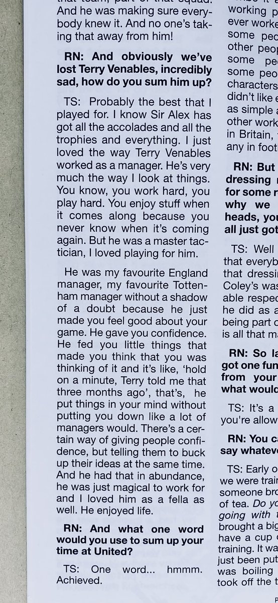 2. During the interview the Editor mentions Terry Venables (which is a tribute in itself as the fanzine is a United fanzine) and with the kind permission of the Red News Editor I can share with you what Teddy Sheringham said about Terry Venables. It is beautiful.