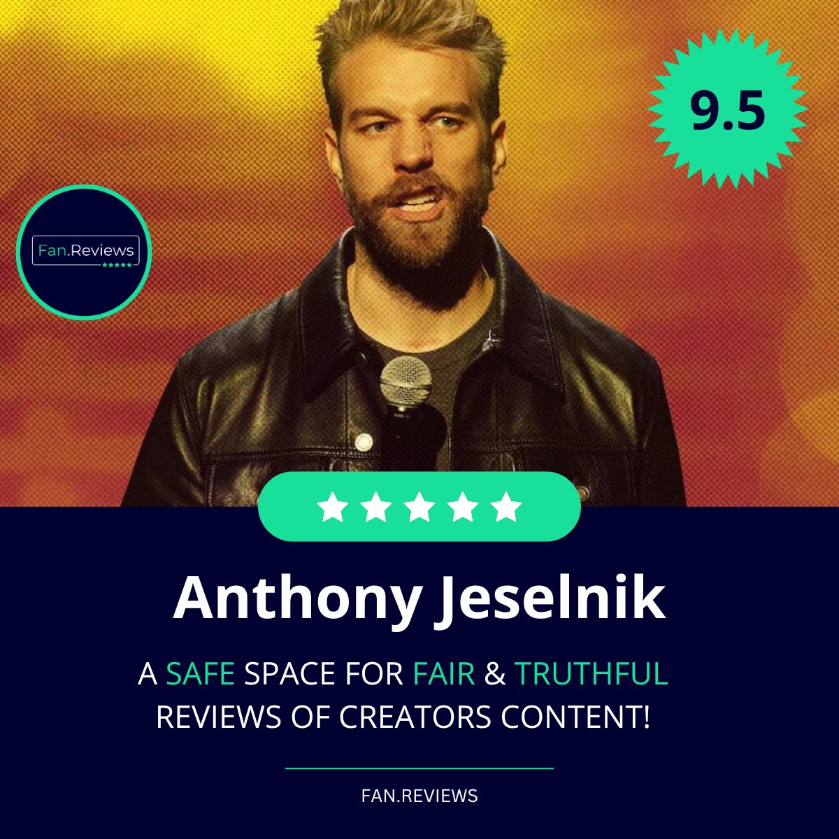 Congratulations to .@anthonyjeselnik for having a 9.5 rating on FanReviews. Check out the reviews on our site 🎉 FanReviews - A safe space for fair & truthful reviews of Creator content! 💯 Profile link:👉fan.reviews/creator/comedy…
