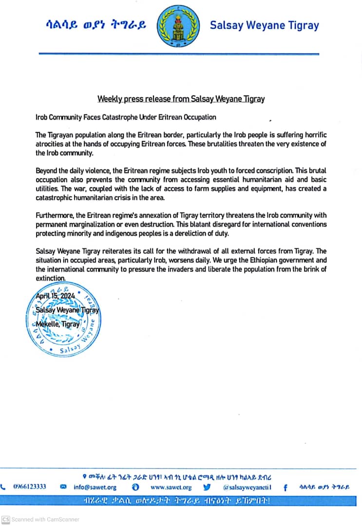HailuKebede_'s tweet photo. Weekly press release from Salsay Weyane Tigray

Irob Community Faces Catastrophe Under Eritrean Occupation

The Tigrayan population along the Eritrean border, particularly the Irob people is suffering horrific atrocities at the hands of occupying Eritrean forces. https://t.co/IFSx8PNebg