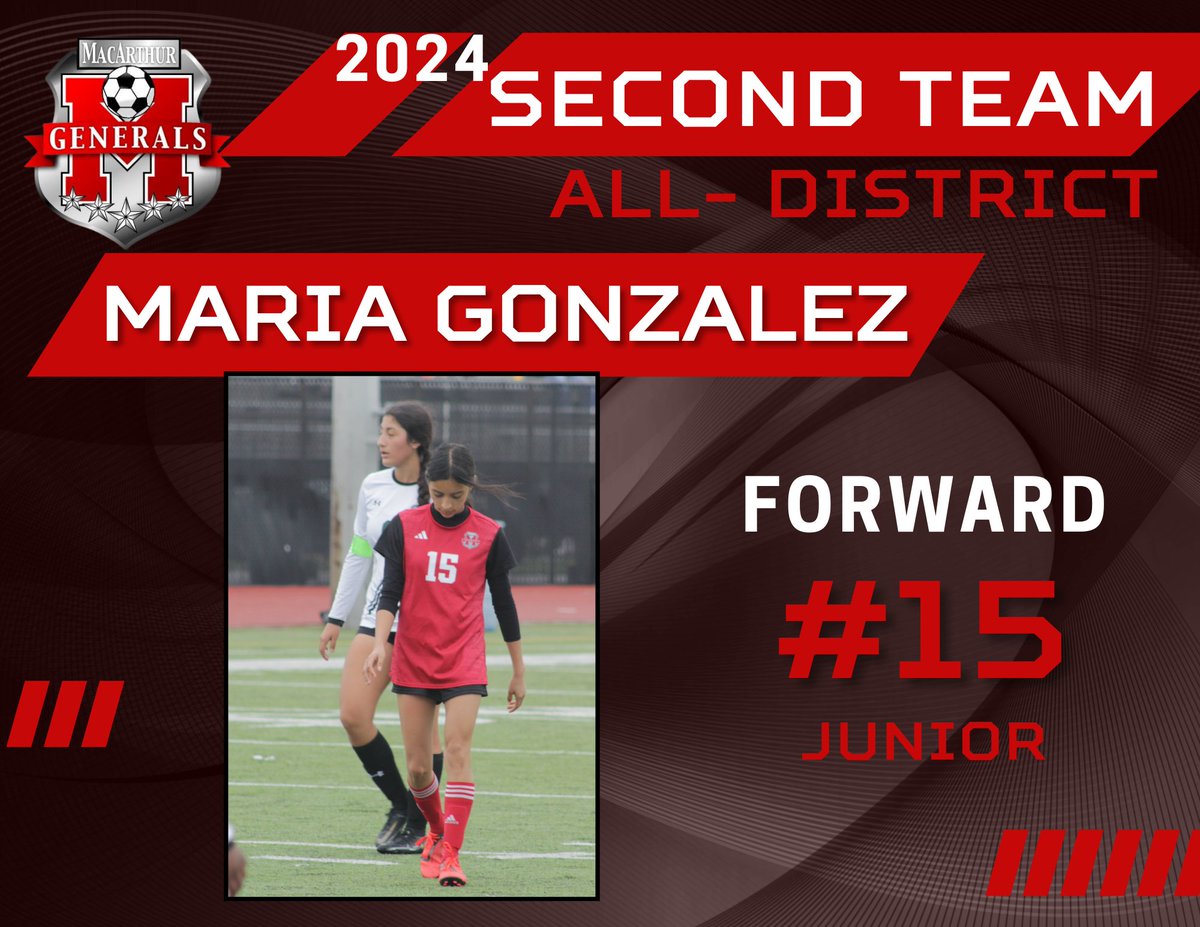 Congratulations🎉 to Junior, Maria Gonzalez for earning 2nd Team All-District ⚽️. This tough forward showcased her skills when scoring goals and made key plays to lead her team to victory. @Athletics_AISD @MacArthur_AISD #MPND