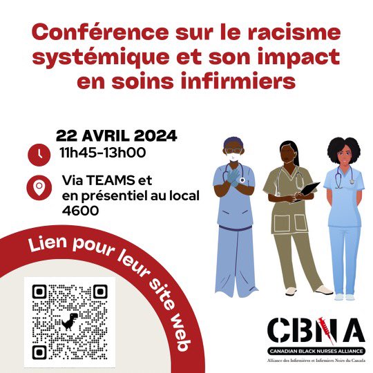 Le 22 avril prochain, une conférence sur le racisme systémique et les impacts dans le domaine des soins infirmiers sera offerte. L’événement se tiendra de 11:45 à 13:00. Vous pouvez rejoindre la conférence via le lien Teams ou en présentiel au local 4600. Venez en grand nombre!