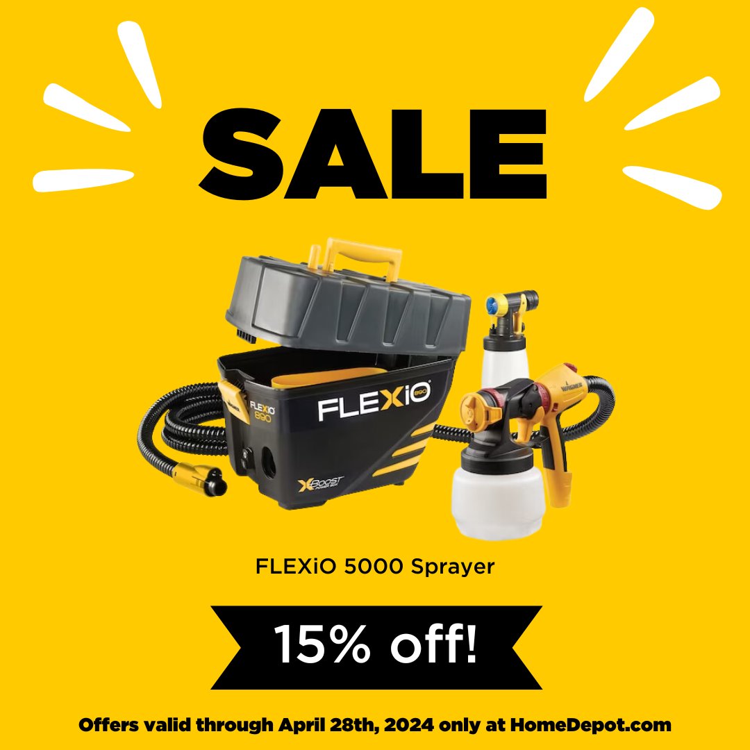 🌟 Spring Break Sale 🌟 Elevate your painting projects with the Wagner FLEXiO 5000 Sprayer - now 15% OFF exclusively at HomeDepot.com through 4.28.24! Perfect for a variety of projects, the FLEXiO 5000 ensures a flawless application every time thd.co/3PUzOqm