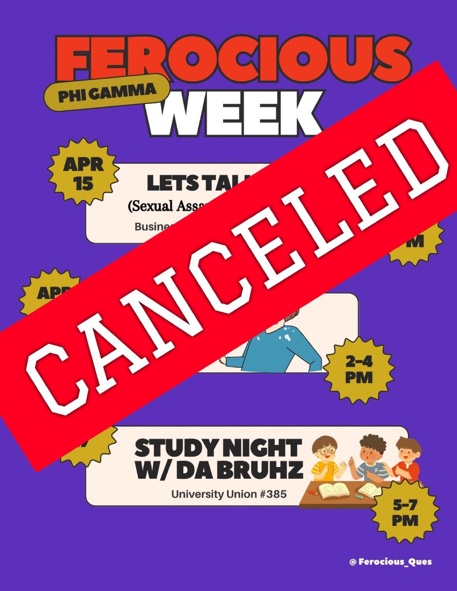 Due to Unfortunate & Unforeseen events, we will have to cancel the events scheduled for this week’s “Ferocious Week”. We would like to thank everybody who supported and wish you guys a great end of semester.